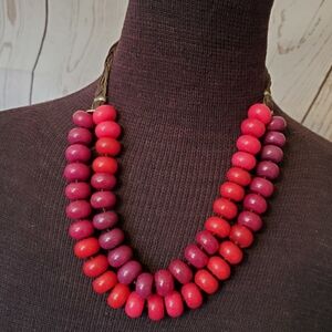 Fossil double strand semi precious stones necklace on leather cord raspberry